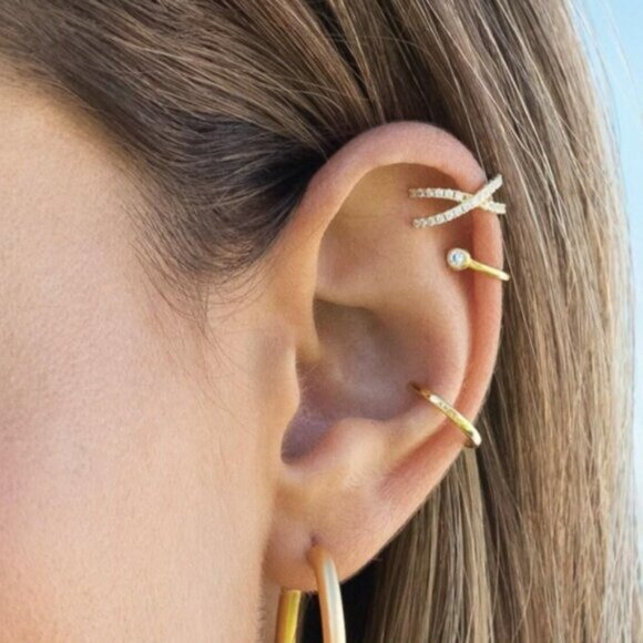 Gold Crossed Ear Cuff Adjustable No Piercing 18K Gold Plated CZ Crystals Earring - Picture 5 of 10